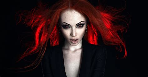 Women Model Roman Filippov Redhead Fake Iris Creepy Smoky Eyes Black Dress Red Eyes Wallpaper