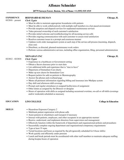 Clerk Typist Resume Samples Velvet Jobs