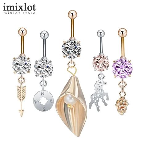 Imixlot 1pc Women Sexy Dangle Belly Button Rings Belly Piercing Cz Crystal Surgical Steel Navel