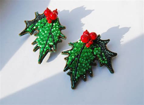 christmas earrings holly leaf with berries green red crystal etsy
