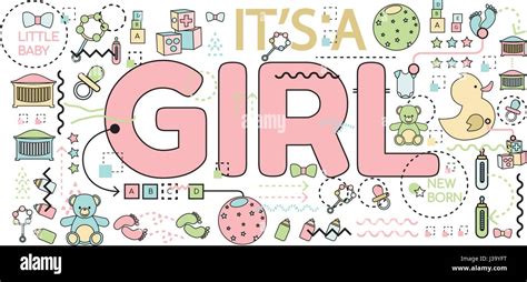 Vector Illustration Baby Announcement Its A Girl Text Baby Shower