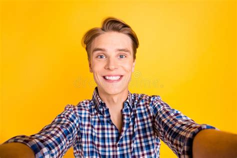 Self Portrait Of His He Nice Looking Attractive Cheerful Cheery Guy Wearing Checked Shirt Having