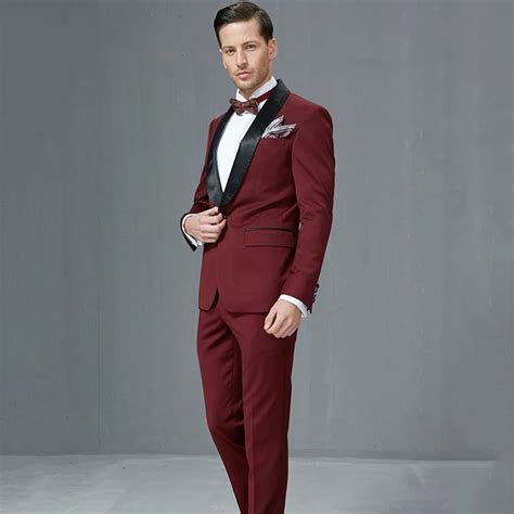 Burgundy Wedding Suits For Men Black Shawl Lapel Jacket Wine Red Formal