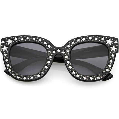 Oversize Star Rhinestones Cat Eye Sunglasses Wide Arms Square Lens 48mm Black Smoke