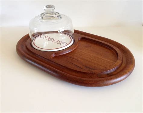 Vintage Teak Cheese Glass Domed Serving Tray W Cheese Typography