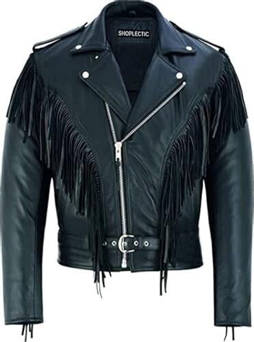 Shoplectic Fringe Leather Jacket Mens Cross Zip Cowhide Black Retro
