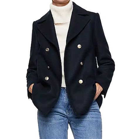 Womens Pea Coat Double Breasted Wool Navy Jackets Mob