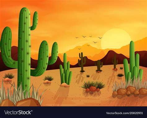 Desert Landscape Background With Cactuses Vector Image