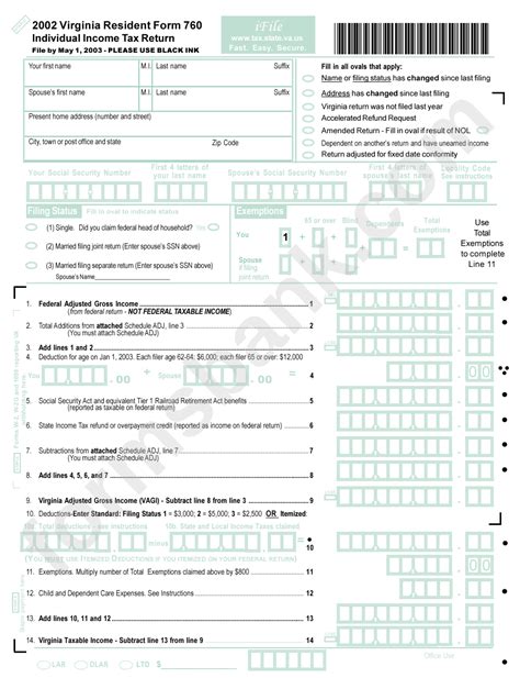 Virginia Resident Form 760 Individual Income Tax Return 2002
