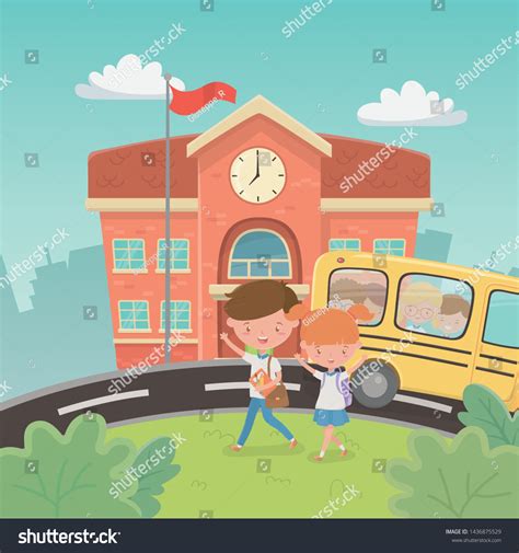 School Building Bus Kids Landscape Scene Stock Vector Royalty Free