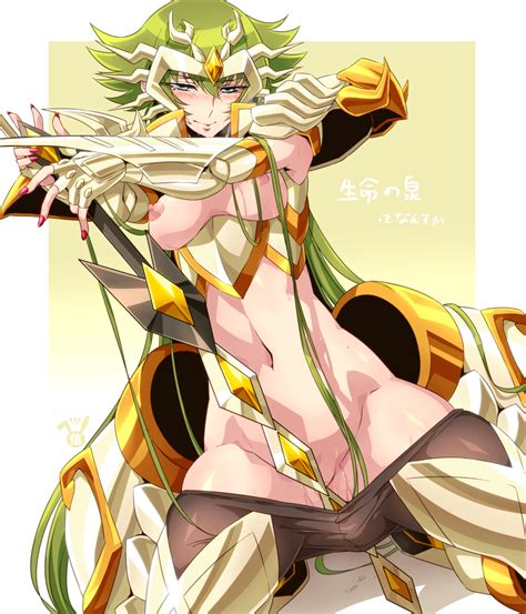 rule 34 arai nobu armor blue eyes blush breasts female gallia saint seiya omega green hair