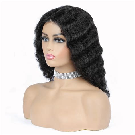 Human Hair Wig Medium Length Loose Deep Wave Middle Part Natural Black Party Women Easy Dressing
