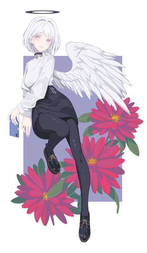 Safebooru 1girl Absurdres Albino Angel Wings Black Skirt Cellphone