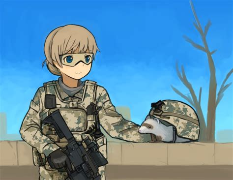 Safebooru Acog Assault Rifle Blue Eyes Camouflage Ferret Gloves Goggles Gun Hagiwara