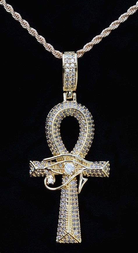 Exquisite Gold Cz Ankh And Eye Of Horus Pendant Necklace Egyptian Jewelry