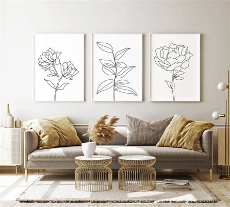 minimalist wall art flower line art prints set of 3 printable black and white decor living