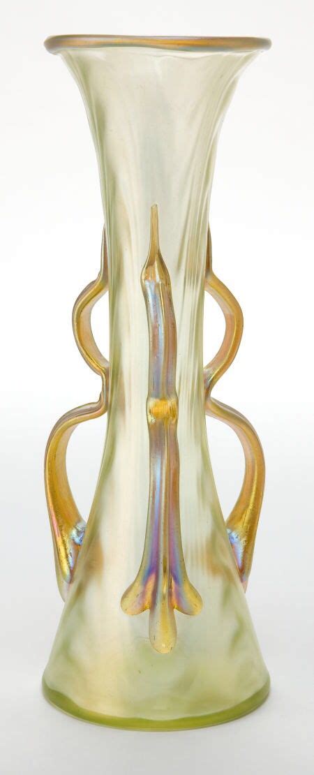 Austrian Art Nouveau Glass Vase Iridescent Green Glass Vase With Three Applied Handles Circa