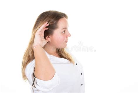 Blonde Woman Earing Holding Hand Near Ear Trying To Listen Interesting