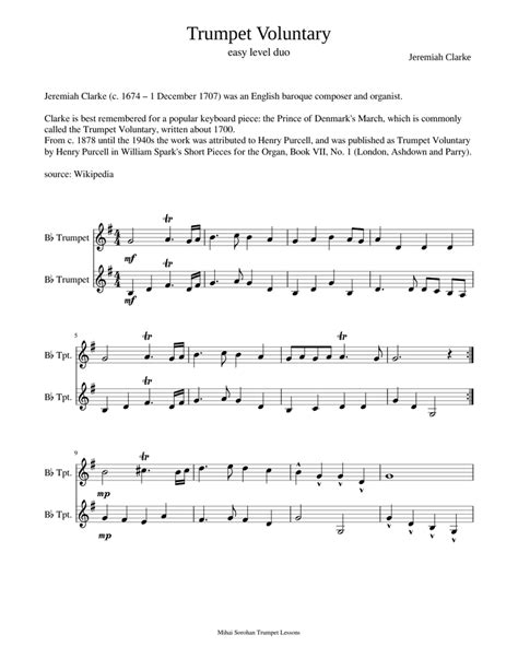 Trumpet Voluntary Easy Duo Sheet Music For Trumpet In B Flat Brass