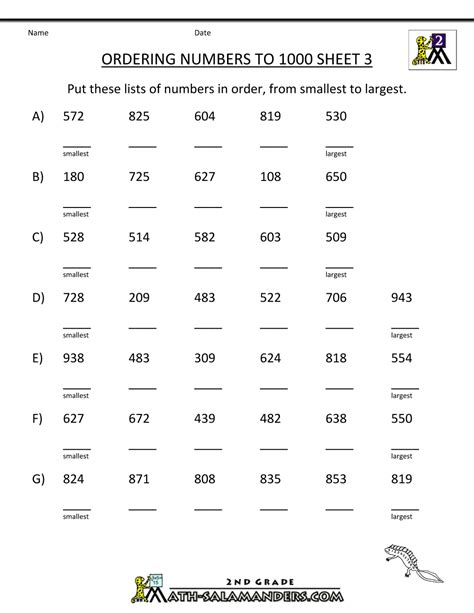 Ordering Numbers To 1000 2nd Grade Math Worksheets Math Worksheets