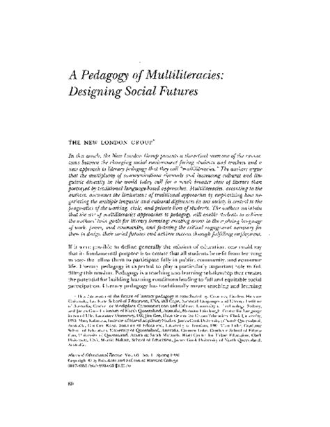 Pdf A Pedagogy Of Multiliteracies Designing Social Futures Mary