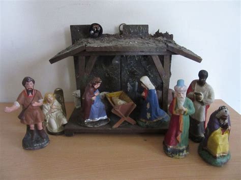 Antique German Nativity Set W Stable Manger Composition Figures