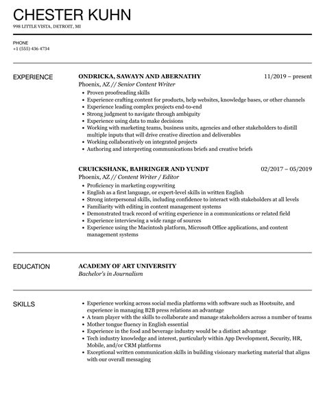 Content Writer Resume Template Free Download