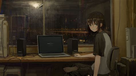 Night Computer Anime Girls Hd Wallpaper