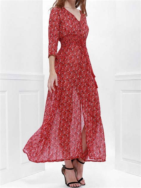 Boho Maxi Dress Women Red Print V Neck Chiffon Summer Dress Power Day