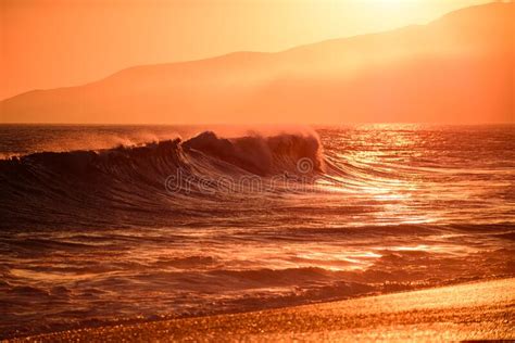 Golden Sunset At The Sea Landscape With Sunset Over The Ocean Waves