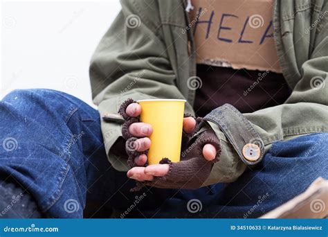 Hands Of Homeless With A Paper Cup Stock Image Image Of Failure