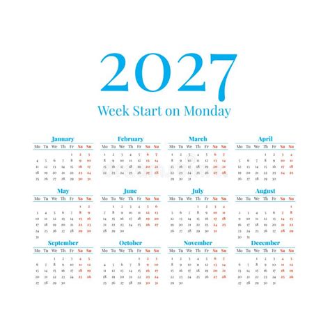 2027 Calendar With The Weeks Start On Monday Stock Vector