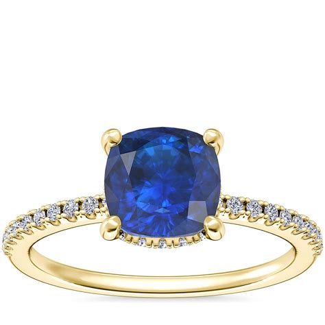 Petite Micropavé Hidden Halo Engagement Ring With Cushion Sapphire In