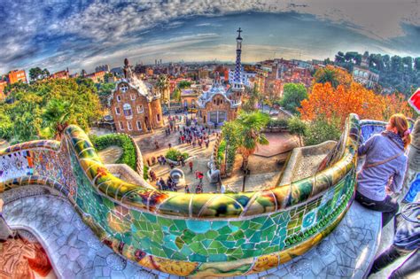 You Must See Park Guell Entrance Wide Angle View From Inside Colored If