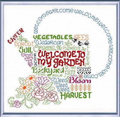 Free counted cross stitch patterns are easy to save and print out for use in creating lovely home decorations and gifts. Let's Garden Cross Stitch Pattern words