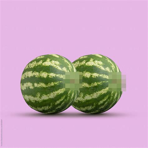 Two Watermelons As Of Her Breasts Are Covered With Pixels By Stocksy Contributor Yaroslav