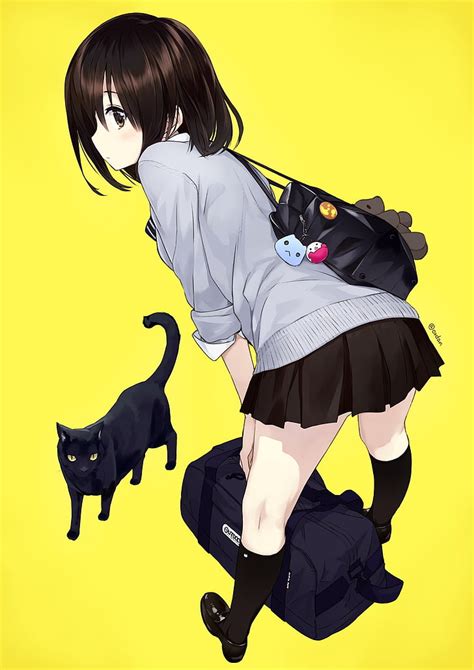 hd wallpaper black haired girl anime character and cat wallpaper anime girls wallpaper flare