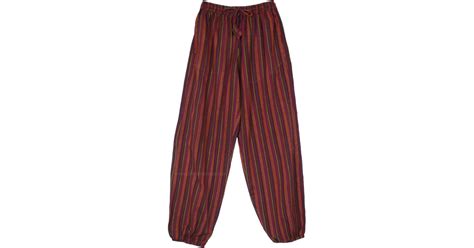 Hippie Maroon Striped Cotton Pants With Pockets Brown Split Skirts