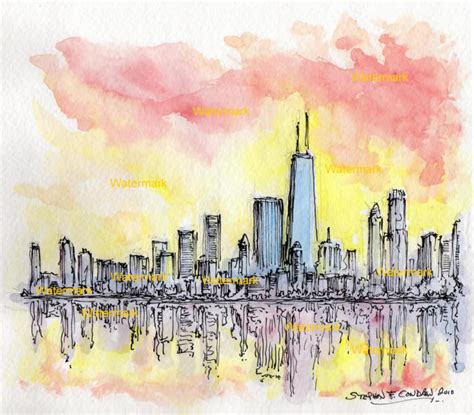 Chicago Skyline 003z Pen And Ink Watercolor Paintings And Prints