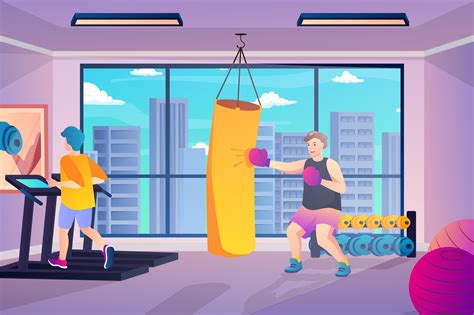 Gym Fitness Concept In Flat Cartoon Design Men Are Running On