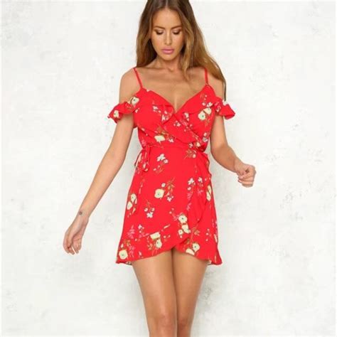 red summer dress 2018 women sexy flower print mini dress ruffled strap high wasit chiffon