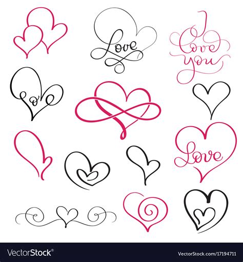 Set Flourish Calligraphy Vintage Hearts And Vector Image