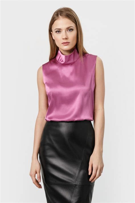 Pink Satin Sleeveless Blouse And Black Leather Skirt Leather Dresses
