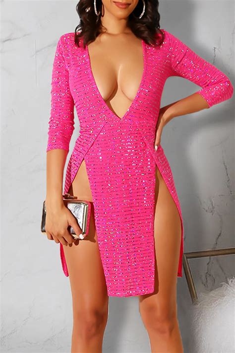 Lovely Sexy Deep V Neck Side Split Rose Red Mini Dress With Elastic Lw