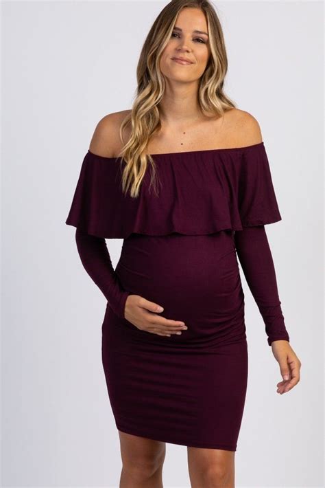 Pink Ruffle Trim Off Shoulder Fitted Maternity Dress Fitted Maternity