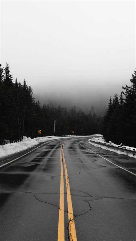 Download Wallpaper 1350x2400 Road Fog Turn Snow Overcast Iphone 8