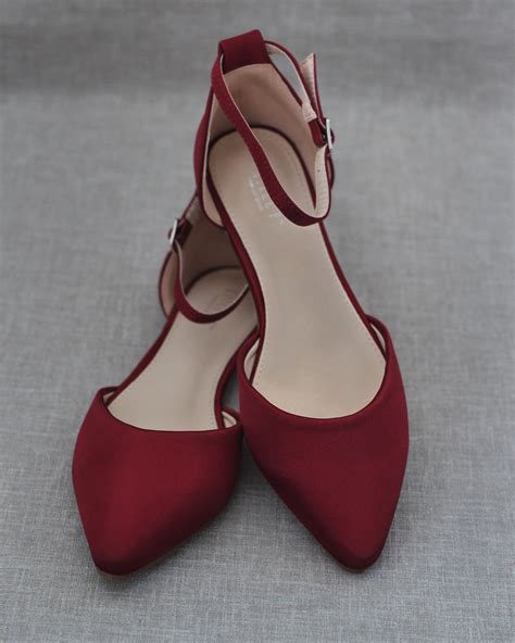 Burgundy Satin Pointy Toe Flats With Ankle Strap Winter Wedding Shoes