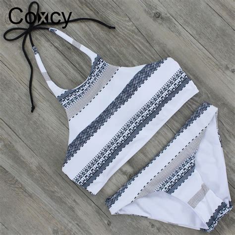 Coxcy Sexy High Neck Bikinis Set Striped Bikini Low Waist Bandage Hang