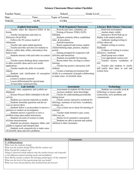 2 | observed lesson plan template for primary (adaptable for secondary). Science Classroom Observation Checklist Teacher