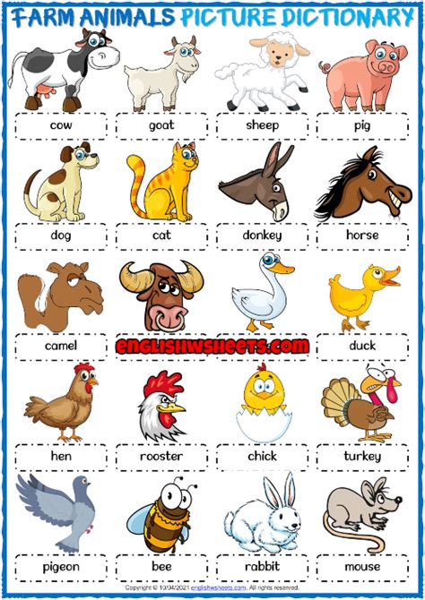Farm Animals Esl Picture Dictionary Worksheet For Kids Animal